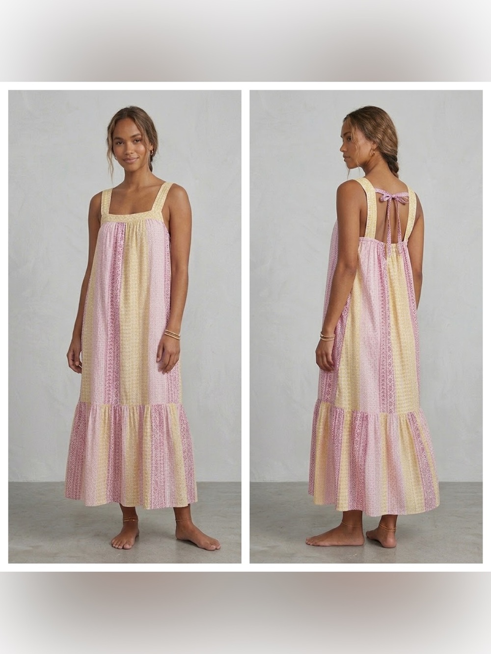 Ro's Garden Bimba Cotton Block Print Tiered Maxi Dress Tie Back Pink Yellow L